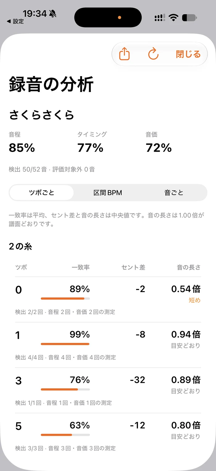実際のShamiTrainerの録音分析と練習提案の画面